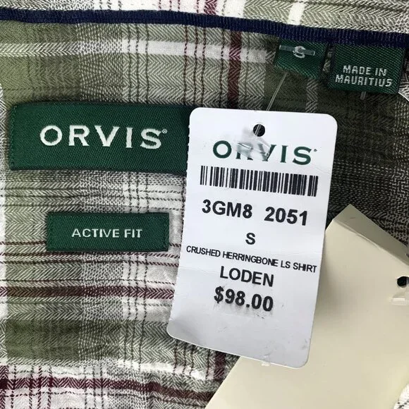 Orvis Mens Small Crushed Herringbone Green Plaid Crinkle Cotton Shirt Active Fit